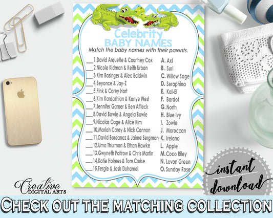 CELEBRITY BABY NAMES baby shower game with green alligator and blue color theme, instant download - ap002