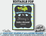 Baby Shower WELCOME sign editable with green alligator and blue color theme printable, digital files, pdf jpg, instant download - ap002