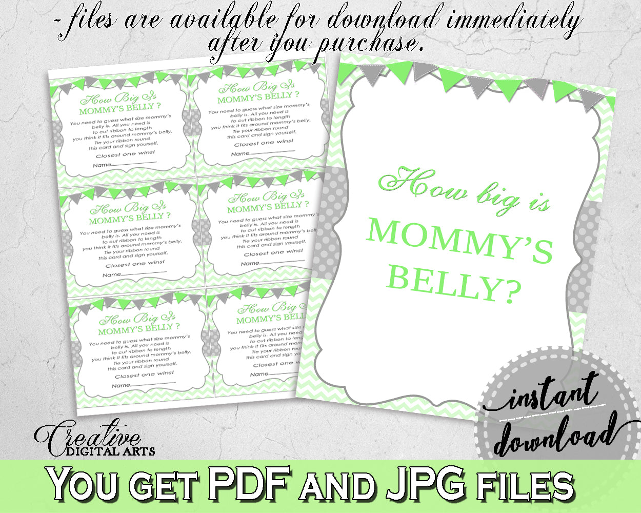 How Big Is MOMMY'S BELLY baby boy girl shower game with chevron green theme printable, Jpg Pdf, instant download - cgr01