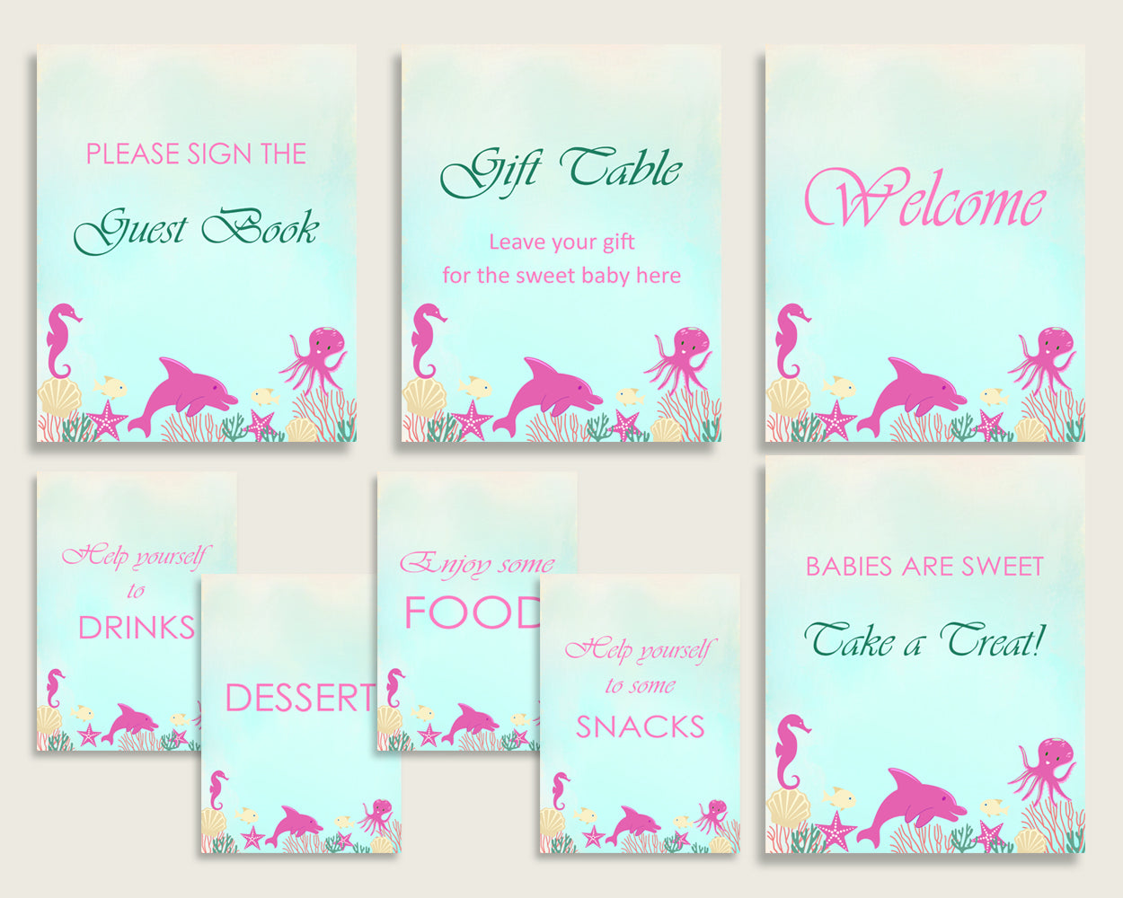 Under The Sea Baby Shower Girl Table Signs Printable, Pink Green Party Table Decor, Favors, Food, Drink, Treat, Guest Book, Instant uts01