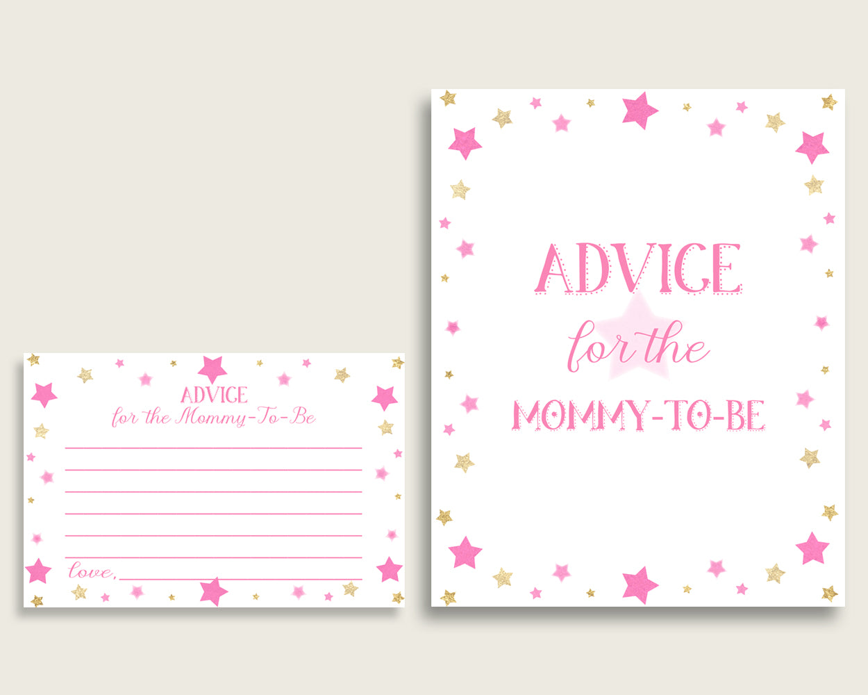 Twinkle Star Advice For Mommy To Be Cards & Sign, Printable Baby Shower Pink Gold Advice For New Parents, Instant Download, Cute Stars bsg01