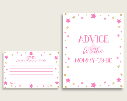 Twinkle Star Advice For Mommy To Be Cards & Sign, Printable Baby Shower Pink Gold Advice For New Parents, Instant Download, Cute Stars bsg01