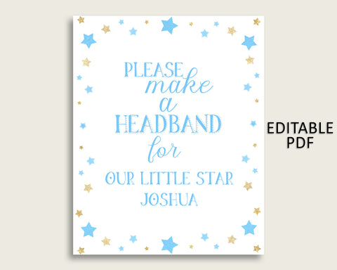 Stars Baby Shower Headband Sign, Blue Gold Headband Station Sign Editable, Boy Shower Headband For Baby, Instant Download, Little Star bsr01