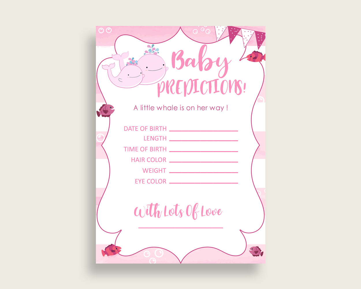 Pink Whale Baby Shower Prediction Cards & Sign Printable, Pink White Baby Prediction Game Girl, Instant Download, Sea Animals Popular wbl02