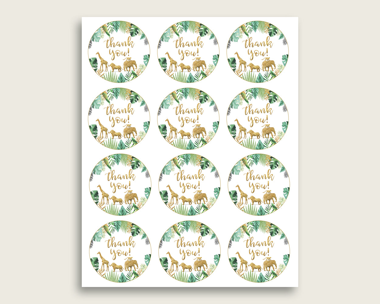 Jungle Baby Shower Round Thank You Tags 2 inch Printable, Gold Green Favor Gift Tags, Gender Neutral Shower Hang Tags Labels, Digital EJRED