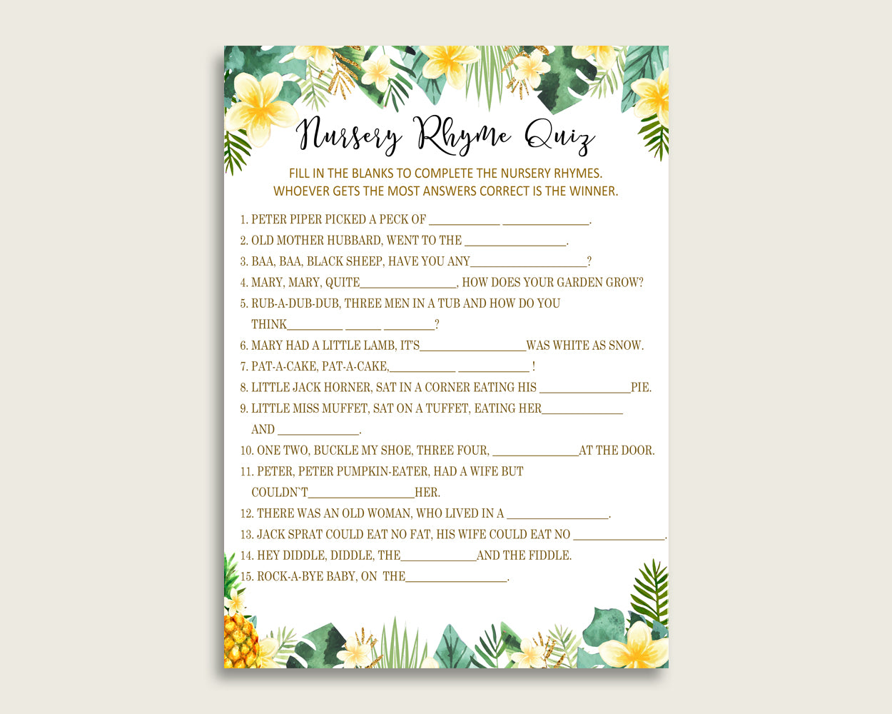 Tropical Nursery Rhyme Quiz Printable, Green Yellow Nursery Rhyme Game, Green Yellow Baby Shower Gender Neutral Activities, Instant 4N0VK