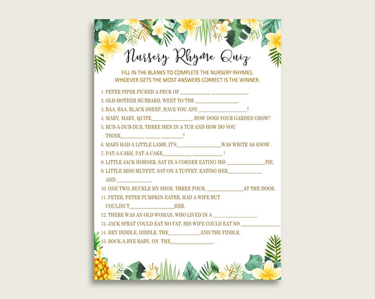 Tropical Nursery Rhyme Quiz Printable, Green Yellow Nursery Rhyme Game, Green Yellow Baby Shower Gender Neutral Activities, Instant 4N0VK