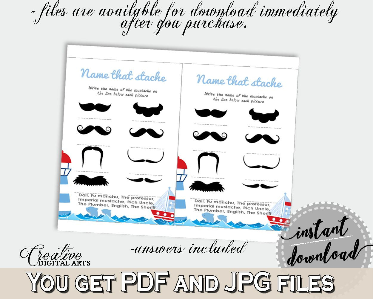 Name That Stache Baby Shower Name That Stache Nautical Baby Shower Name That Stache Baby Shower Nautical Name That Stache Blue Red - DHTQT - Digital Product