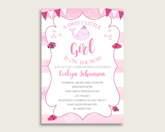 Invitation Baby Shower Invitation Pink Whale Baby Shower Invitation Baby Shower Pink Whale Invitation Pink White Watercolor Stripes wbl02