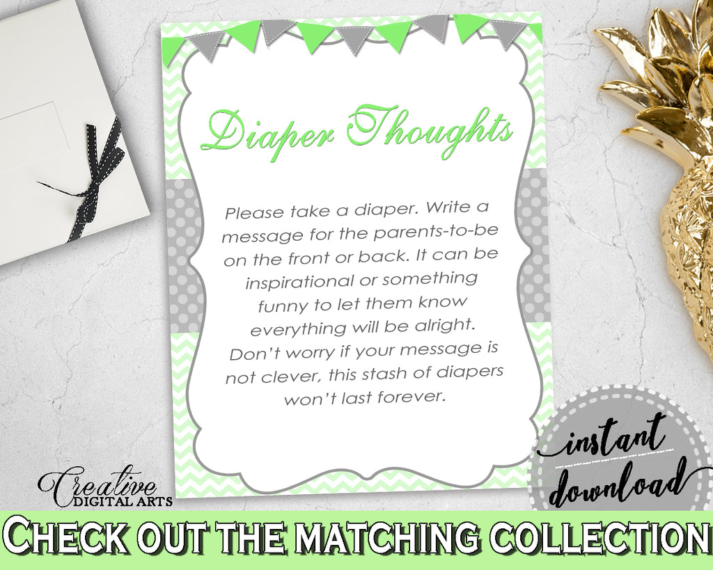 Baby shower DIAPER THOUGHTS game with chevron green theme printable, digital file Jpg Pdf, instant download - cgr01