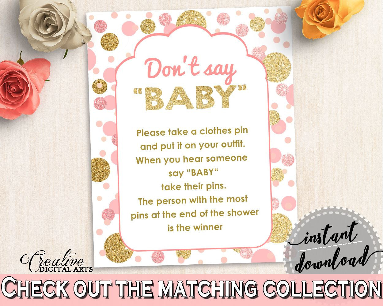 Pink Gold Dont Say Baby, Baby Shower Dont Say Baby, Dots Baby Shower Dont Say Baby, Baby Shower Dots Dont Say Baby party decor, party RUK83 - Digital Product