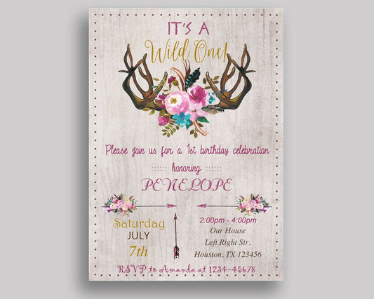 Wild One Birthday Invitation Wild One Birthday Party Invitation Wild One Birthday Party Wild One Invitation Girl antlers, bouquet V0J6X - Digital Product