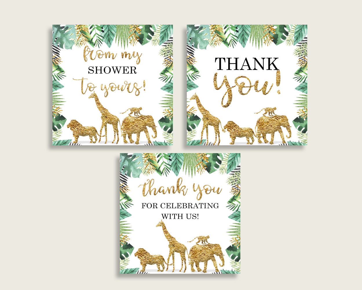 Jungle Baby Shower Square Thank You Tags 2 inch Printable, Gold Green Gender Neutral Shower Gift Tags, Hang Tags Labels, Instant EJRED