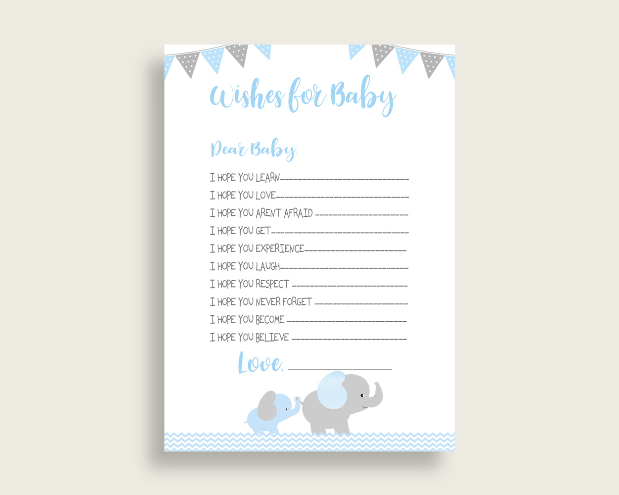 Blue Grey Wishes For Baby Cards & Sign, Elephant Baby Shower Boy Well Wishes Game Printable, Instant Download, Mammoth Trunk Most ebl02