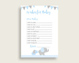 Blue Grey Wishes For Baby Cards & Sign, Elephant Baby Shower Boy Well Wishes Game Printable, Instant Download, Mammoth Trunk Most ebl02