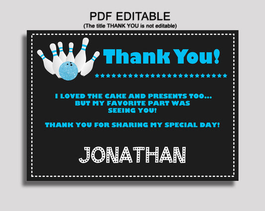 Bowling Thank You Card Bowling Birthday Thank You Black Blue Editable Bowling Printable Thank You Boy 5DVSP