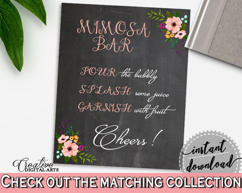 Chalkboard Flowers Bridal Shower Mimosa Bar Sign in Black And Pink, brunch and bubbly, chalkboard theme, party organizing, prints - RBZRX - Digital Product