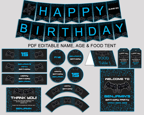 Video Game Birthday Party Package, Video Game Decorations Editable Set Black Blue, Party Package Printable Boy 5IAY6