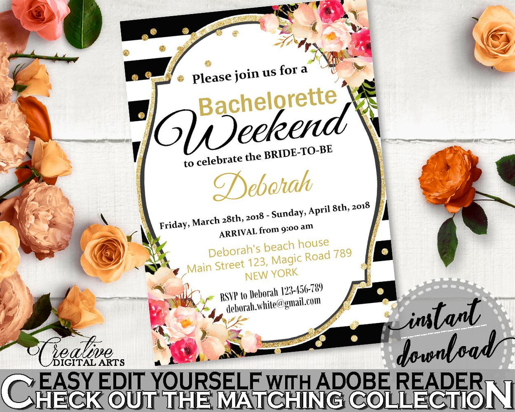 Flower Bouquet Black Stripes Bridal Shower Bachelorette Weekend Invitation Editable in Black And Gold, editable invitation, prints - QMK20 - Digital Product