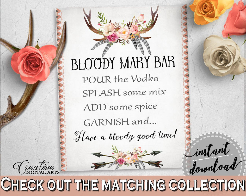 Bloody Mary Bar Sign in Antlers Flowers Bohemian Bridal Shower Gray and Pink Theme, vodka mix, boho floral, party plan, party stuff - MVR4R - Digital Product