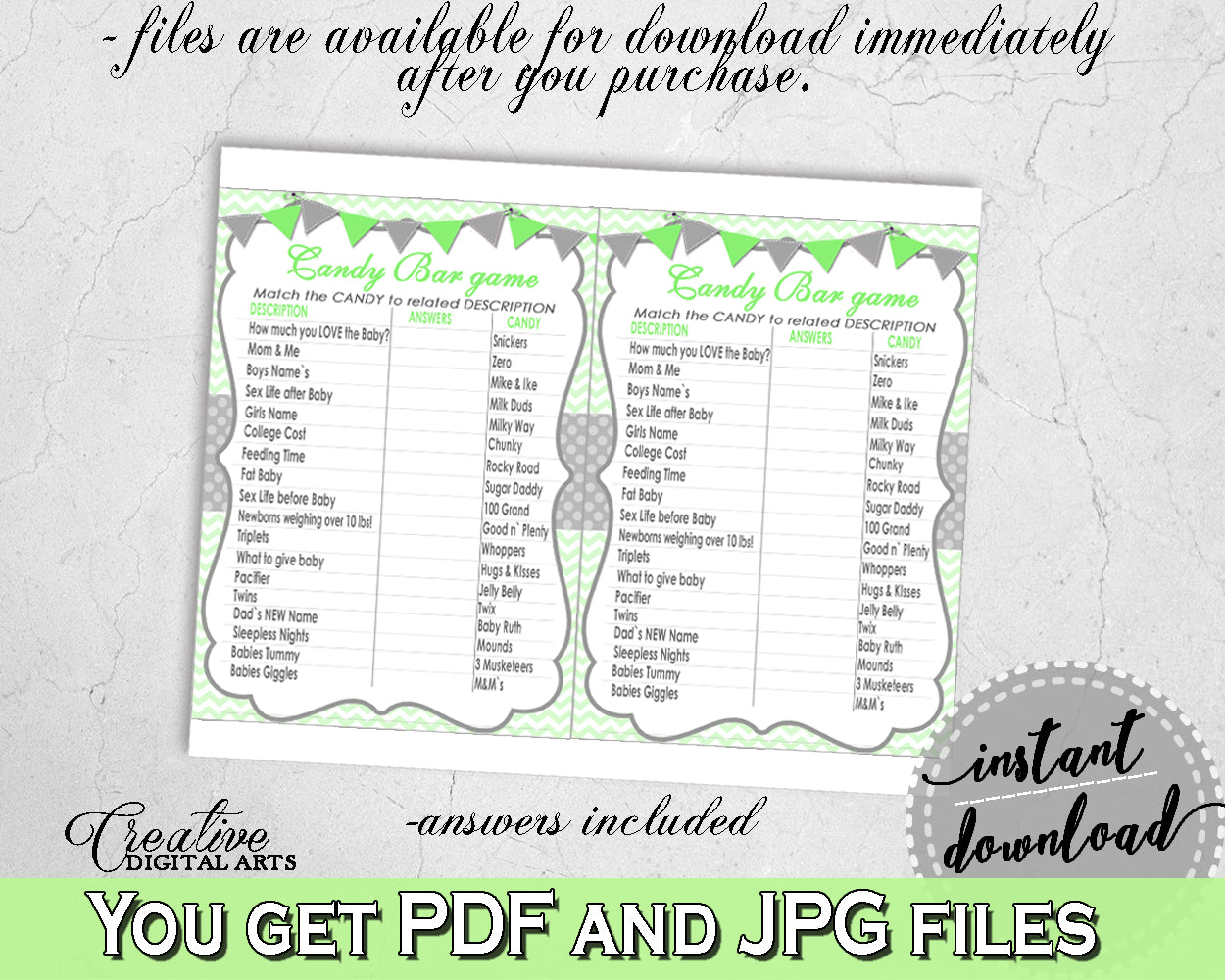 CANDY BAR baby shower boy girl game with chevron green theme printable, digital files, Jpg Pdf, instant download - cgr01