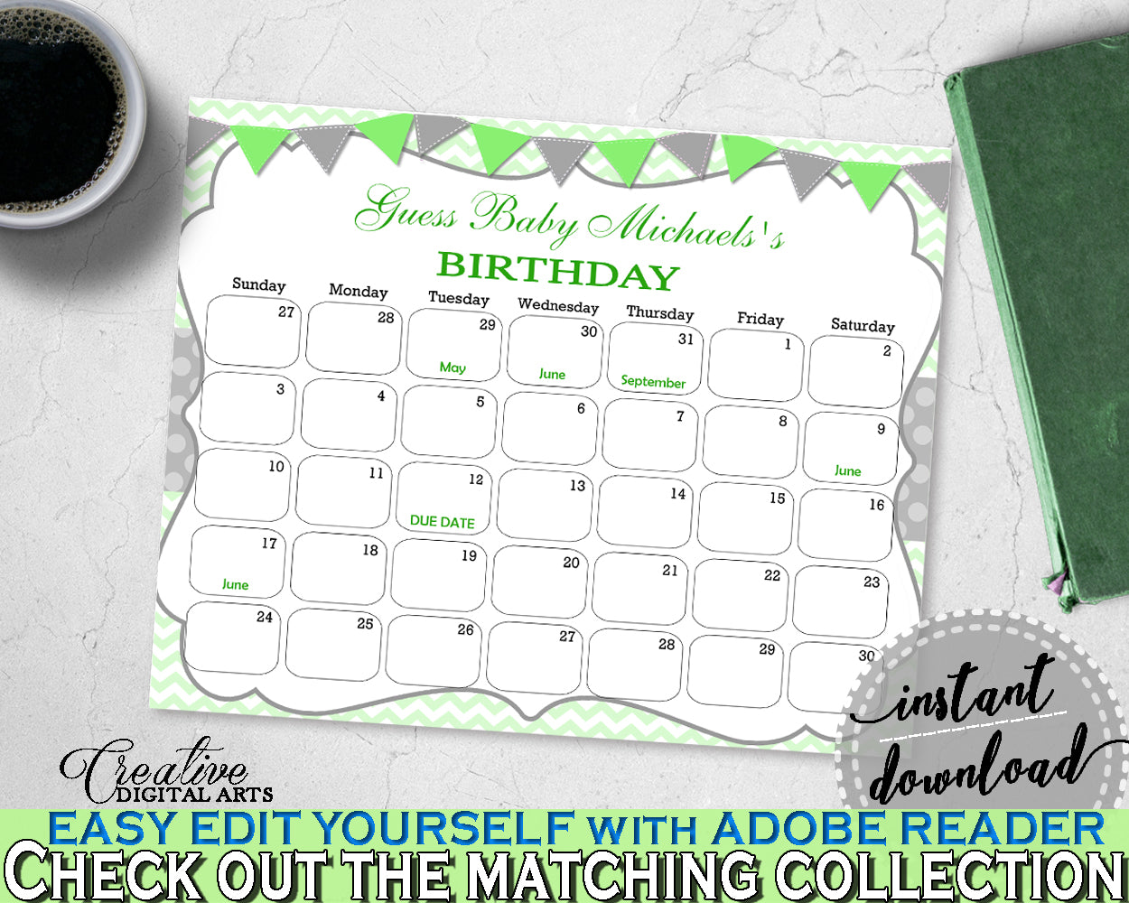 Baby Shower BIRTHDAY PREDICTION due date calendar editable with chevron green theme printable, instant download - cgr01