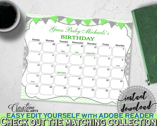 Baby Shower BIRTHDAY PREDICTION due date calendar editable with chevron green theme printable, instant download - cgr01