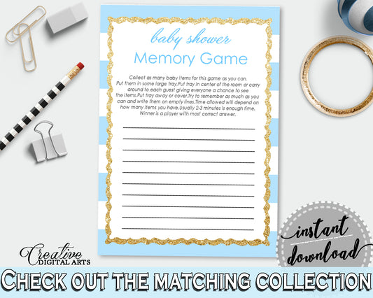 Baby Shower printable MEMORY game with blue and white stripes, glitter gold, digital file jpg pdf, instant download - bs002