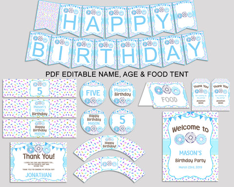 Donut Birthday Party Package, Donut Decorations Editable Set Blue White, Birthday Kit Printable for Boy 4X9CJ