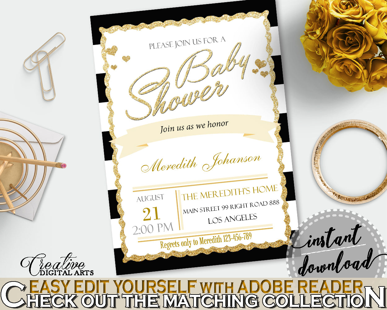 Baby Shower INVITATION editable Pdf with black white strips color theme, digital Jpg included, instant download - bs001