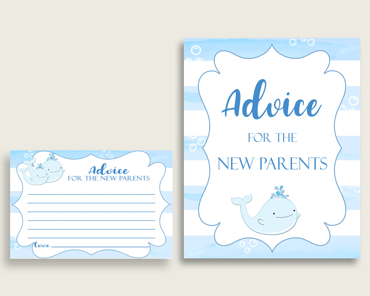 Whale Advice For Mommy To Be Cards & Sign, Printable Baby Shower Blue White Advice For New Parents, Instant Download, Light Blue wbl01