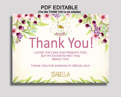 Flamingo Thank You Cards, Glitter Birthday Thank You, Gold Green Editable Thank You Cards Girl, P3SIV