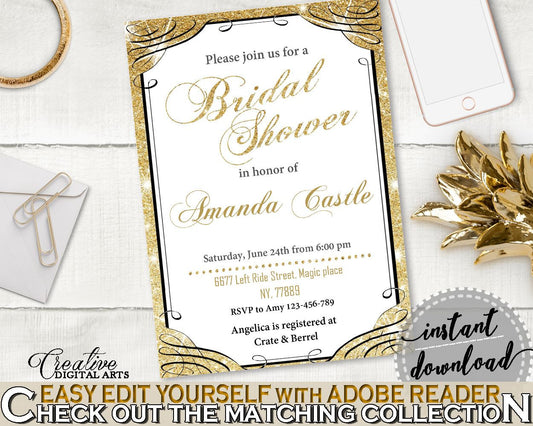 Editable Bridal Shower Invitation in Glittering Gold Bridal Shower Gold And Yellow Theme, join us, gold shine, shower activity - JTD7P - Digital Product