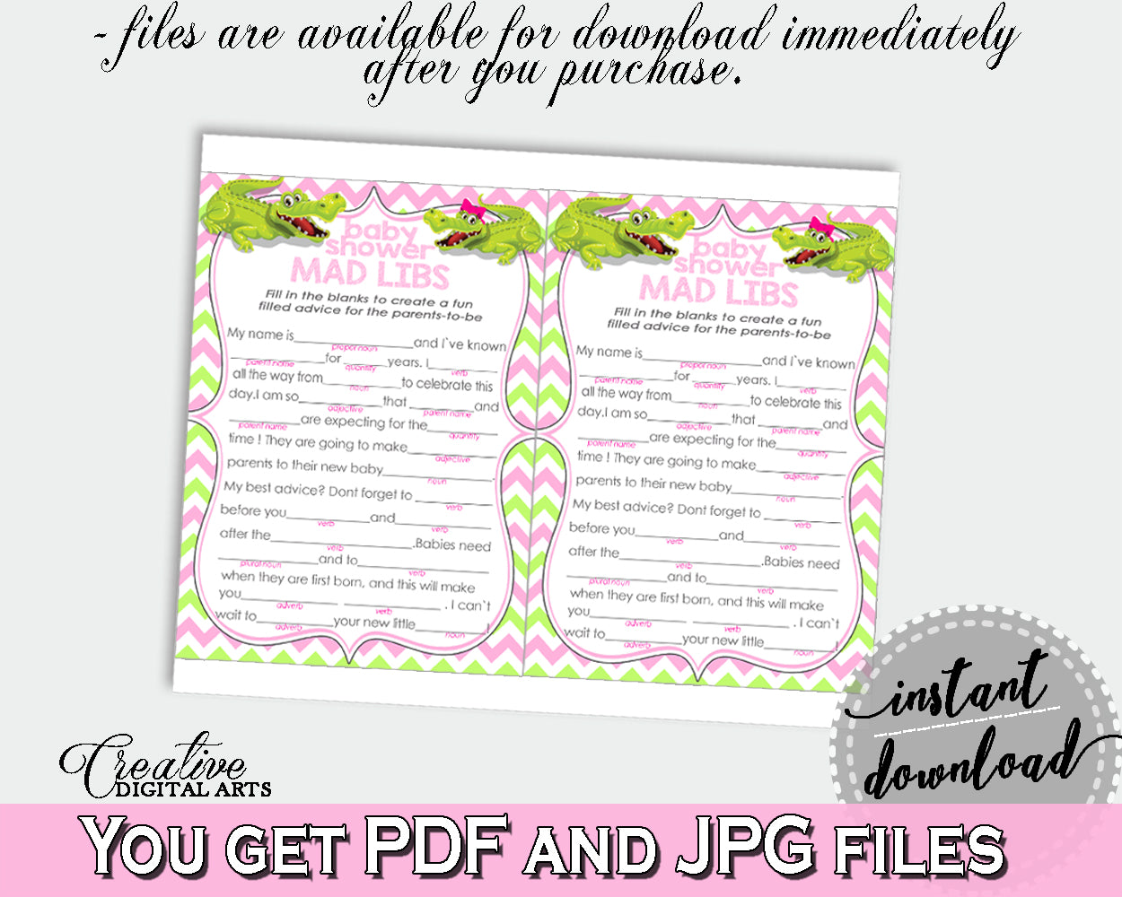 MAD LIBS baby shower game with green alligator and pink color theme, instant download - ap001