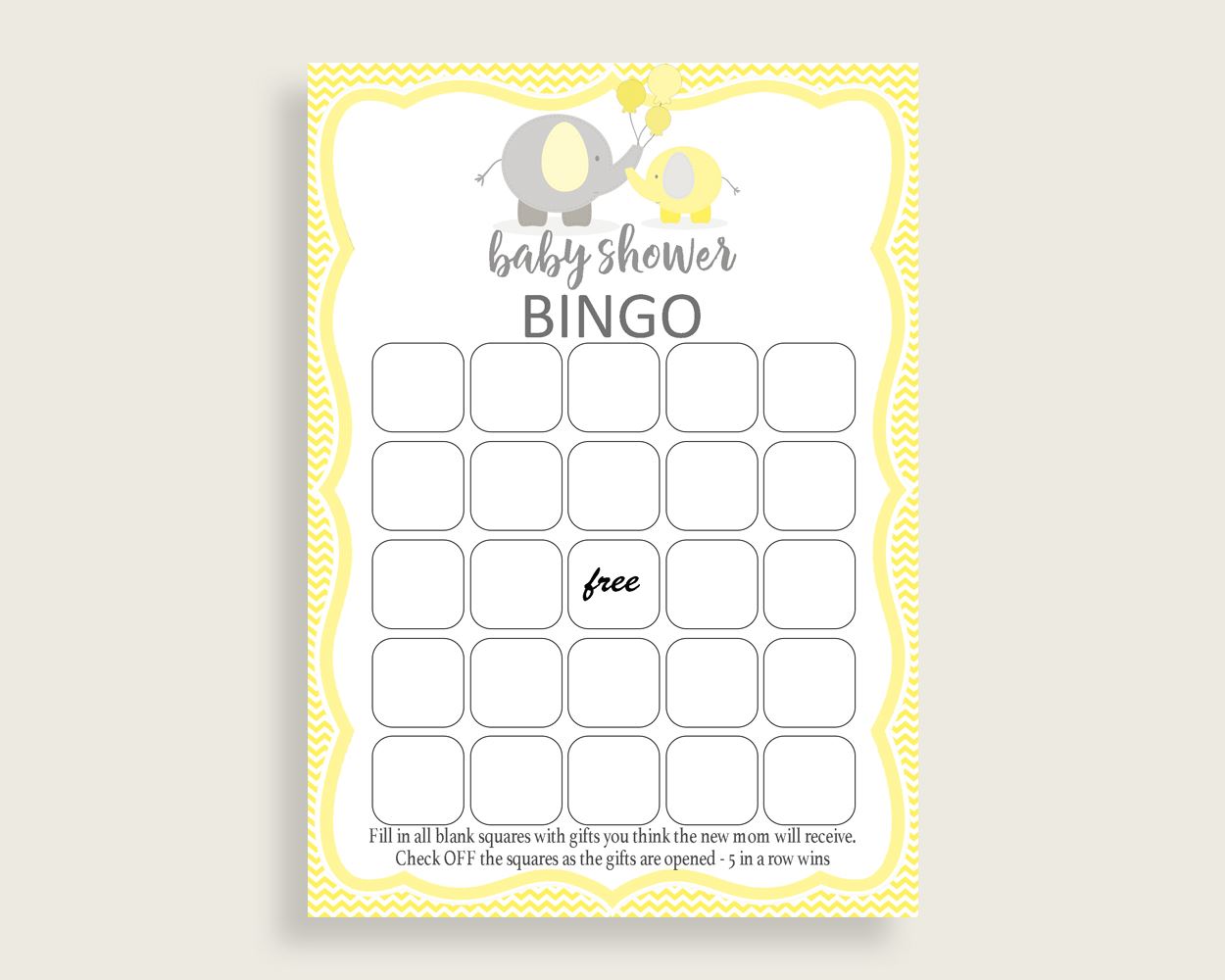 Empty Bingo Baby Shower Empty Bingo Yellow Baby Shower Empty Bingo Baby Shower Elephant Empty Bingo Yellow Gray party decorations baby W6ZPZ