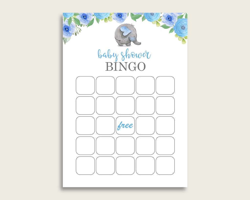 Blue Gray Baby Shower Bingo Blank Game Printable, Elephant Blue Baby Shower Boy Bingo Blank Cards, Bingo Gift Opening Game, Flowers ebl01