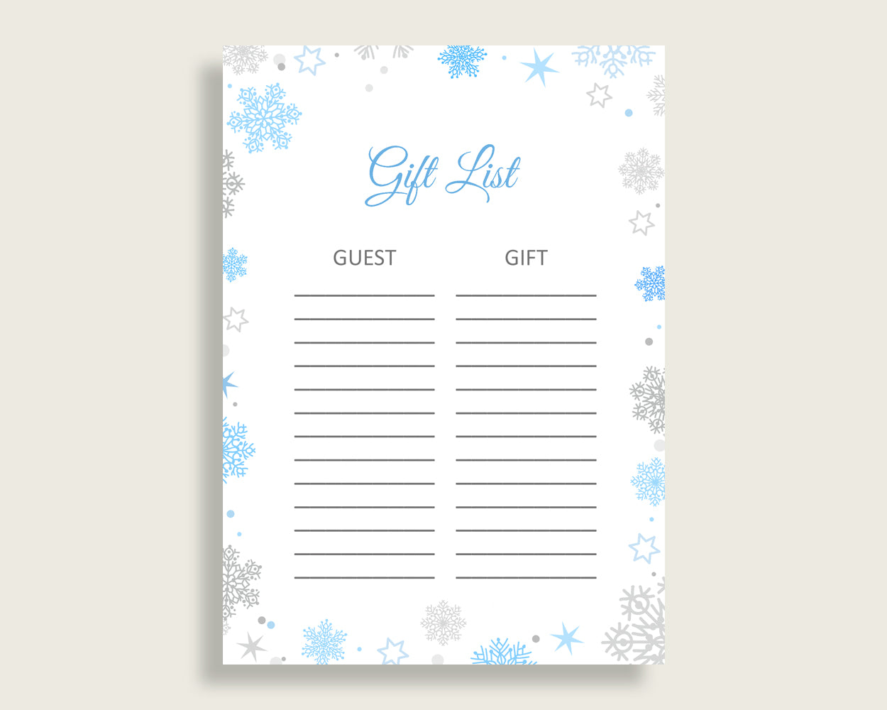 Gift List Baby Shower Gift List Snowflake Baby Shower Gift List Blue Gray Baby Shower Snowflake Gift List instant download prints NL77H