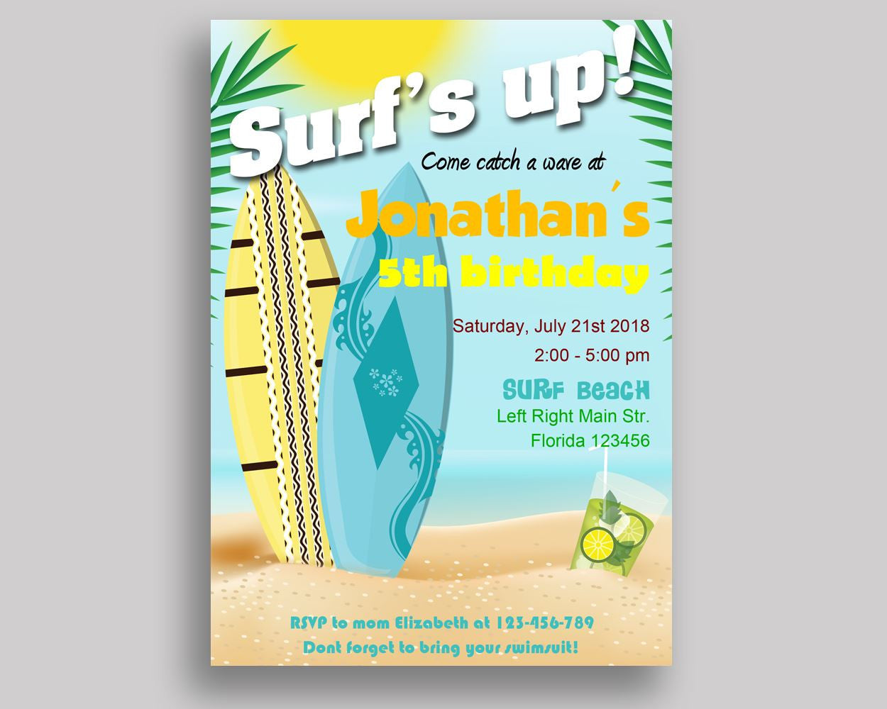 Surf Birthday Invitation Surf Birthday Party Invitation Surf Birthday Party Surf Invitation Boy Girl surfing waves, beach, surfboard 7CDBP - Digital Product