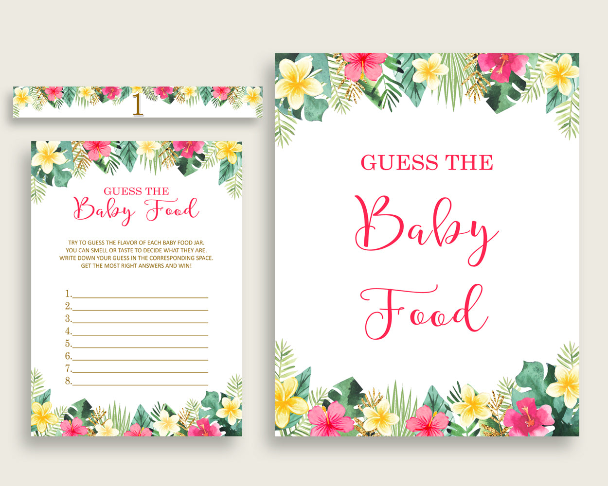 Pink Green Hawaiian Guess The Baby Food Game Printable, Girl Baby Shower Food Guessing Game Activity, Instant Download, Luau Aloha 955MG