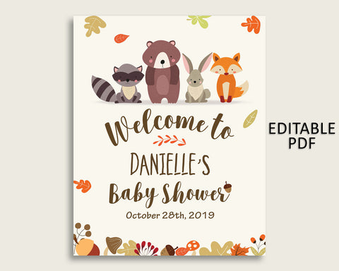 Brown Beige Woodland Baby Shower Welcome Sign Printable, Party Large Sign, Editable Welcome Sign Gender Neutral, Yard Sign, Instant w0001