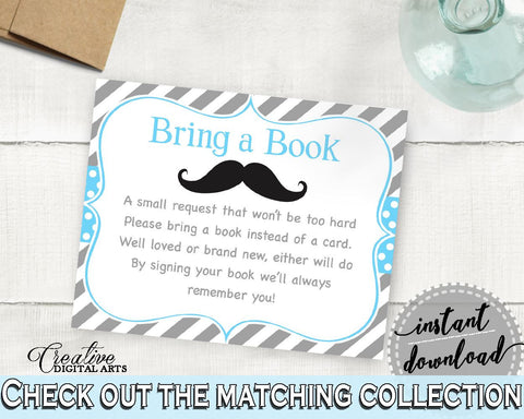 Blue Gray Bring A Book, Baby Shower Bring A Book, Mustache Baby Shower Bring A Book, Baby Shower Mustache Bring A Book party ideas - 9P2QW - Digital Product