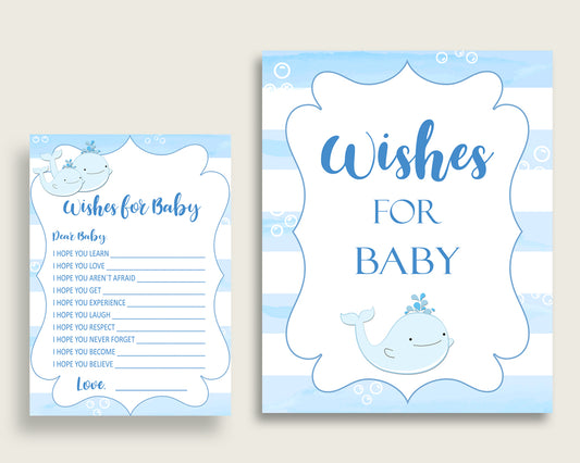 Blue White Wishes For Baby Cards & Sign, Whale Baby Shower Boy Well Wishes Game Printable, Instant Download, Watercolor Stripes Light wbl01