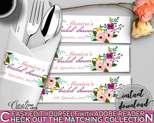 Napkin Ring Editable in Watercolor Flowers Bridal Shower White And Pink Theme, utensils decorations, party ideas, party décor - 9GOY4 - Digital Product