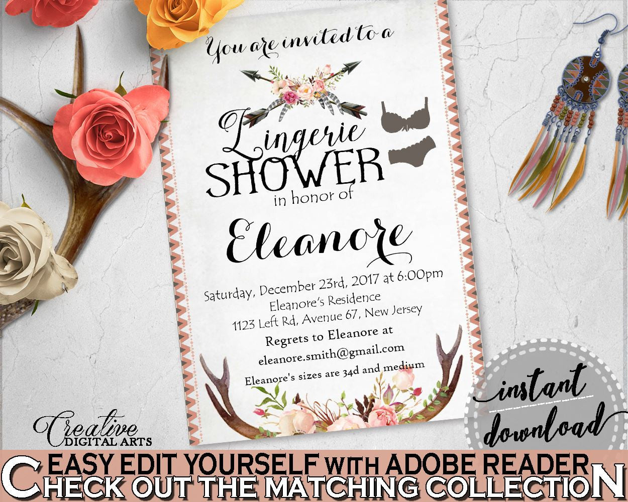 Antlers Flowers Bohemian Bridal Shower Lingerie Shower Invitation Editable in Gray and Pink, lingerie invite, prints, party décor - MVR4R - Digital Product