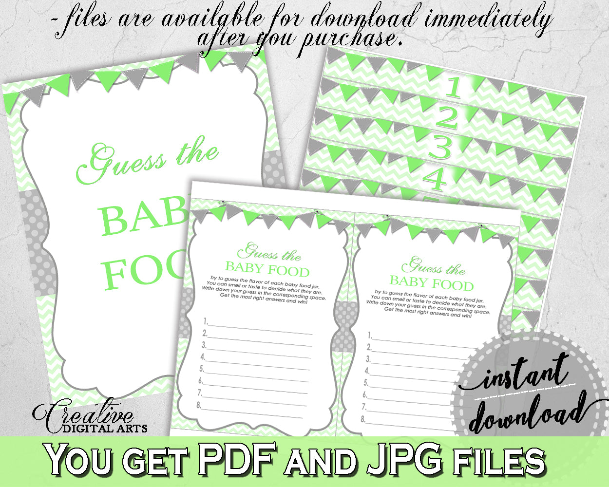 GUESS The BABY FOOD game for baby shower with chevron green color theme printable, digital, Jpg Pdf, instant download - cgr01