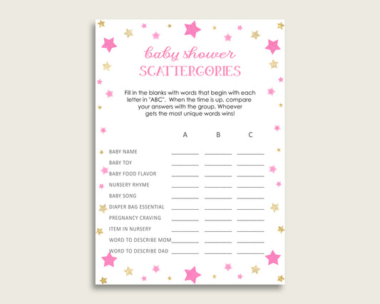 Scattergories Baby Shower Twinkle Star Theme, Pink Gold Scattergories Game Printable, Girl Baby Shower Fun Activity, Cute Stars bsg01