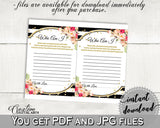 Flower Bouquet Black Stripes Bridal Shower Who Am I Game in Black And Gold, guessing trivia, black strips, party plan, party stuff - QMK20 - Digital Product