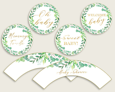 Greenery Cupcake Toppers, Green Gold Cupcake Wrappers, Toppers Wrappers Baby Shower Gender Neutral, Instant Download, Most Popular Y8X33