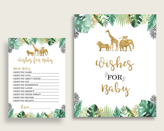 Gold Green Wishes For Baby Cards & Sign, Jungle Baby Shower Gender Neutral Well Wishes Game Printable, Instant Download, Cute Animals EJRED