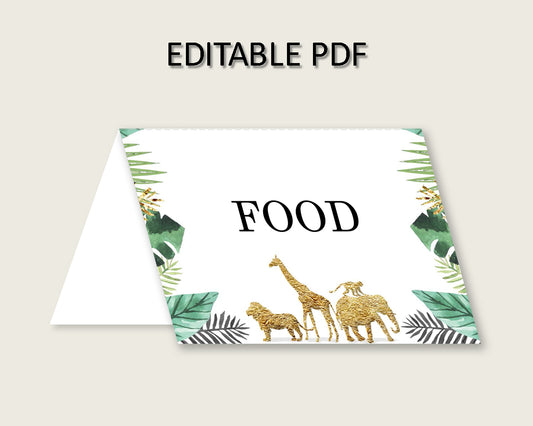 Jungle Folded Food Tent Cards Printable, Gold Green Editable Pdf Buffet Labels, Gender Neutral Baby Shower Food Place Cards, Instant EJRED